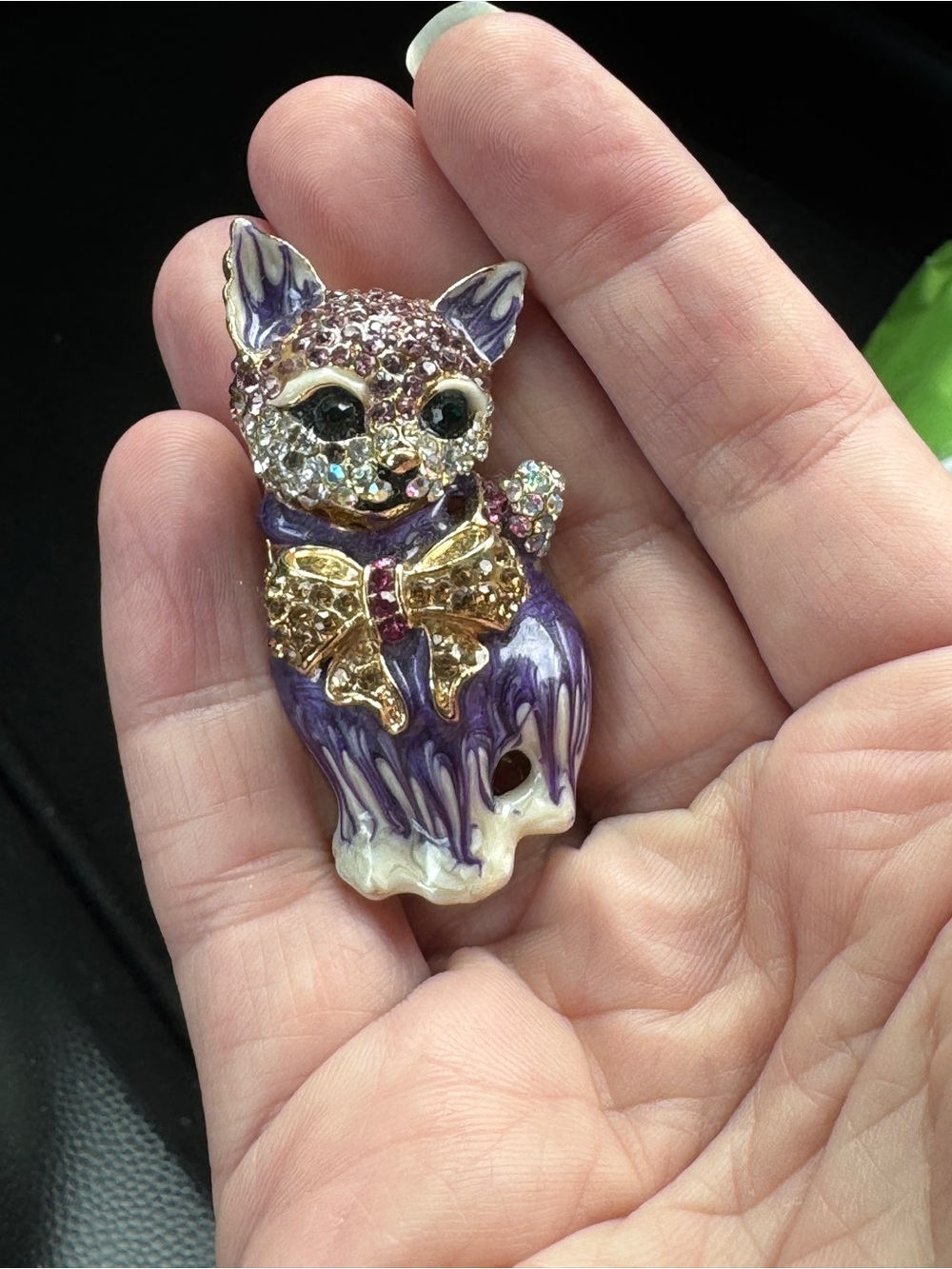 Vintage Enamel Crystal Cat Brooch with Gold Bow